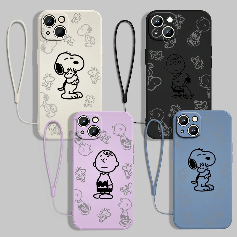 

Anime Snoopy Cute For Apple iPhone 13 12 11 Pro Max mini XS XR X 8 7 6S 6 Plus Liquid Rope With Lanyard Phone Case