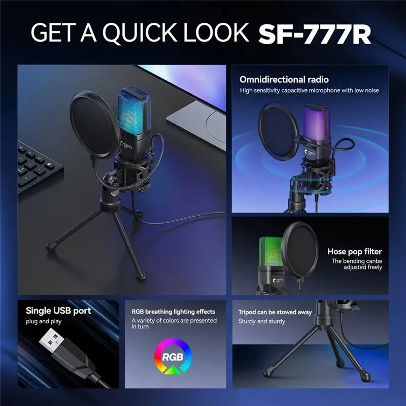 Фото Игровой микрофон Yanmai Tripod RGB с USB-подключением для живой записи, с интеллектуальным шумоподавлением, для мобильных устройств, ПК, ноутбуков, стриминга №3