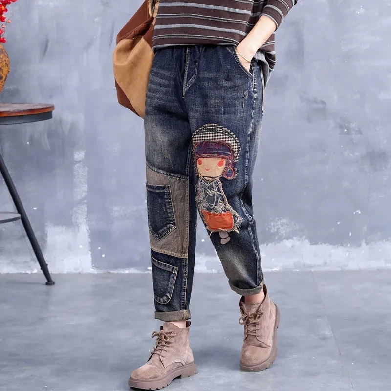 Весенние новые этнические джинсы с вышивкой женские свободные высокой талией