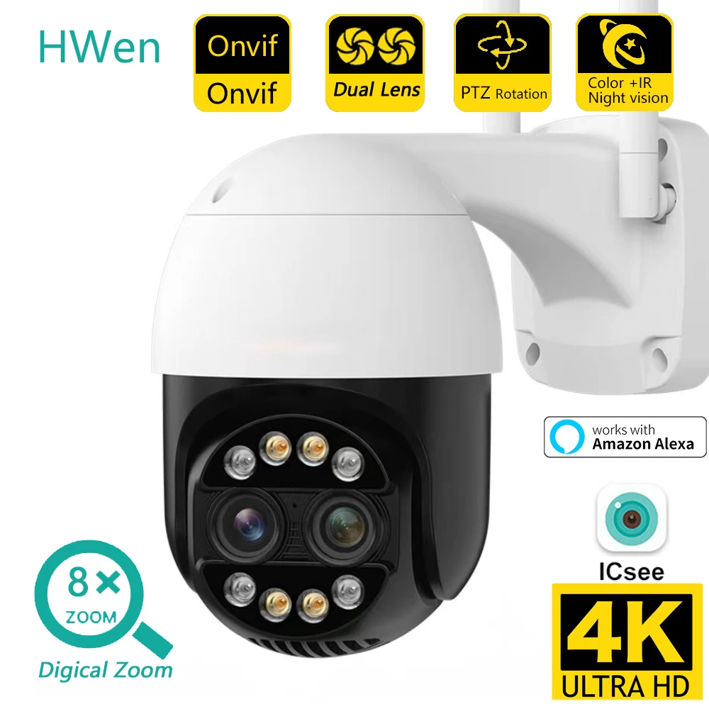 

4K 8MP Double Lens WiFi IP Camera 8X Digital Zoom AI Tracking Night Vision Rotary Camera Waterproof Security Protection Camera