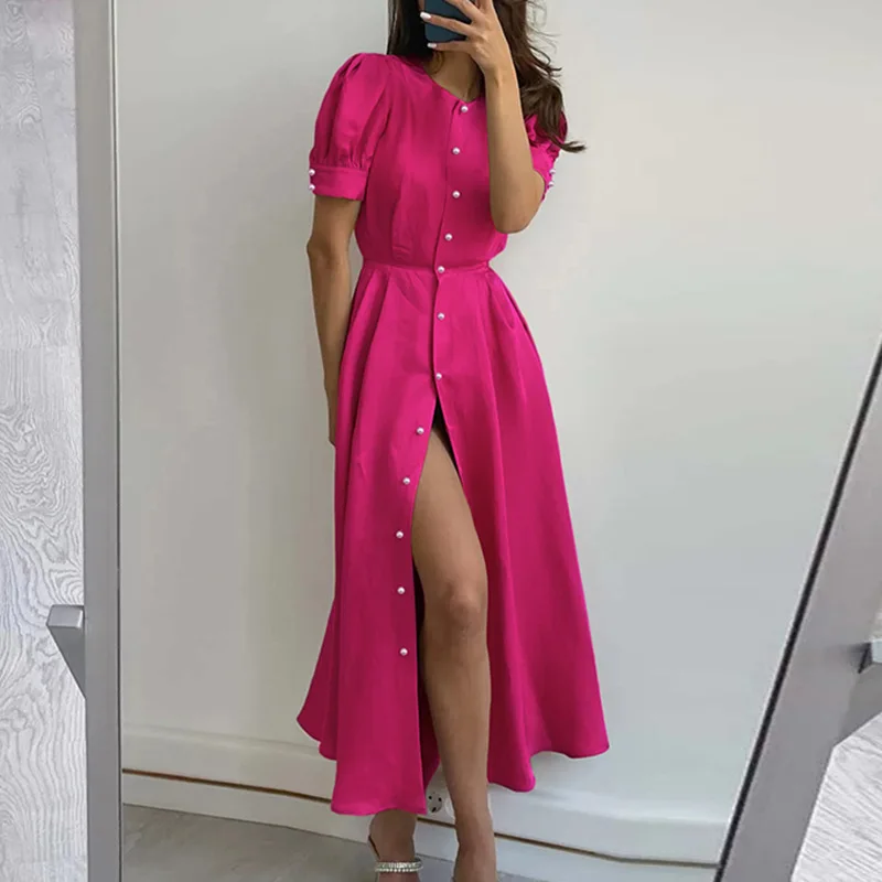 

Women's Elegant Long Dress 2022 Summer Temperament Commuter High Waist Split Midi Dress S-XXXL