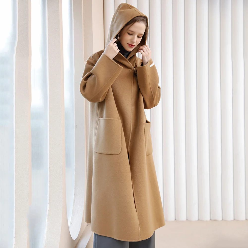 

New Women Double-faced Wool Coat Autumn Winter Fashion Hooded Horn Button Solid Cashmere Overcoat Loose Outerwear Camel Female