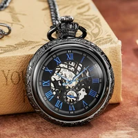 vintage crowns design carved blue number dial mechanical pocket watch men chain hollow steampunk black mechanical watch clock