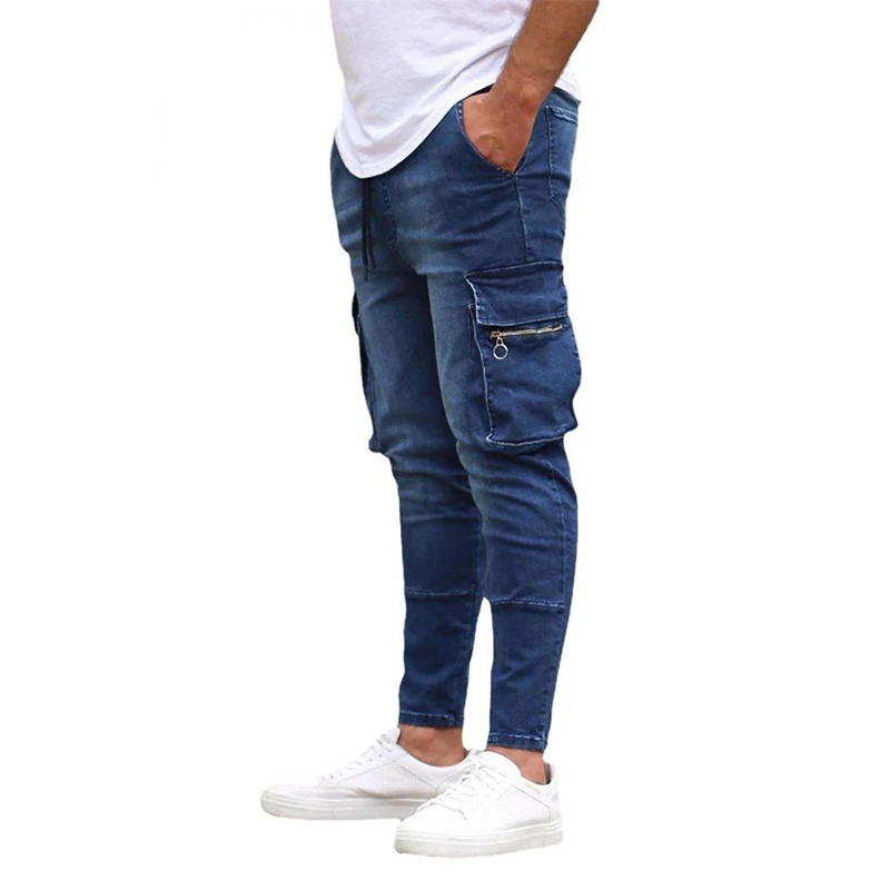 Men's Cargo Jeans Men Slim-Fit Hip Hop Ripped Jeans Man Casual Pencil Denim Long Pants Fashion Streetwear Skinny Jeans Male