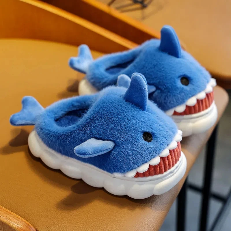 Babi Shark Slippers Large Size 22-41 Indoor Furry Shoes For Children's Winter Home Fur Flip Flops Cotton Shark Shoes Baby