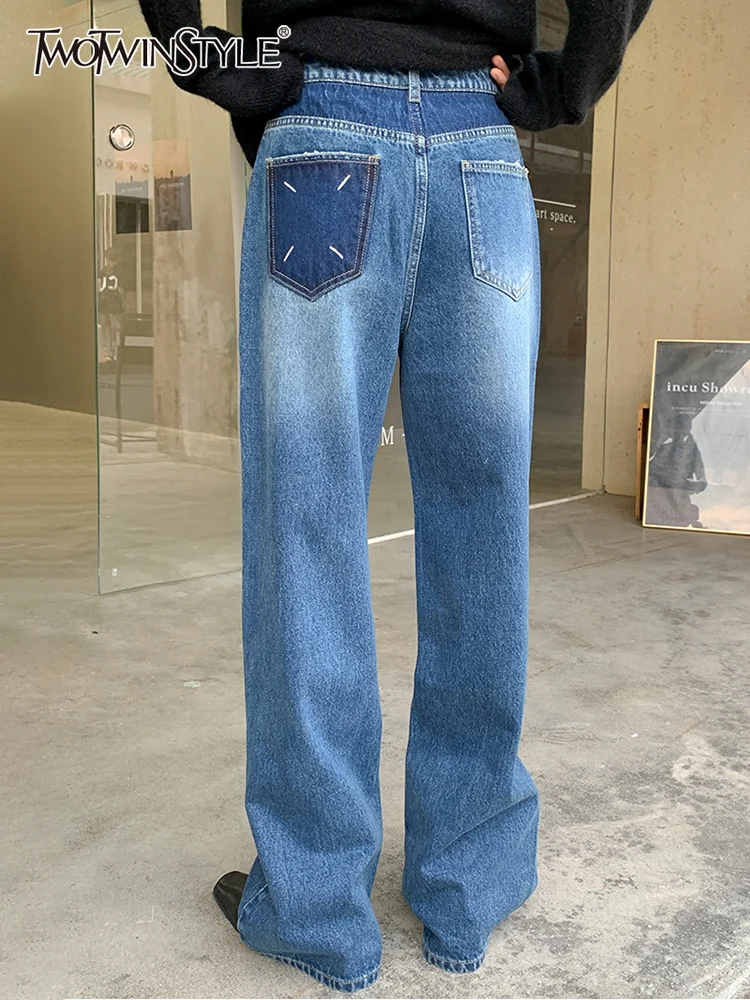 

Женские джинсовые брюки TWOTWINSTYLE, с широкими штанинами и высокой талией, свободные длинные брюки составного кроя с карманами на осень 2022