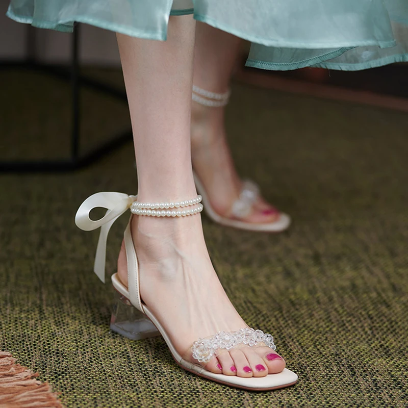 

Comfort Shoes for Women 2022 Summer Cross Beige Heeled Sandals Cross-Shoes Open Toe Black Rhinestone Pearl New Peep High Clear
