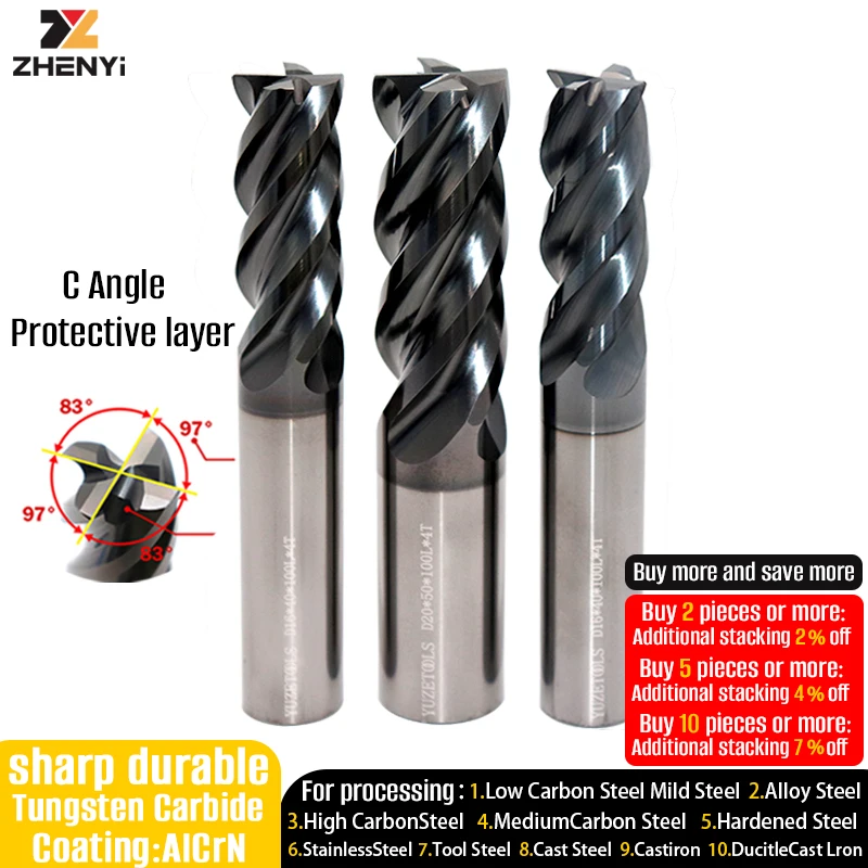ZHENYI Твердосплавная концевая фреза, защищенная С-образным углом с нанопокрытием AlCrN, подходит для черновой обработки нержавеющей стали, инструментальной стали и легированной стали
