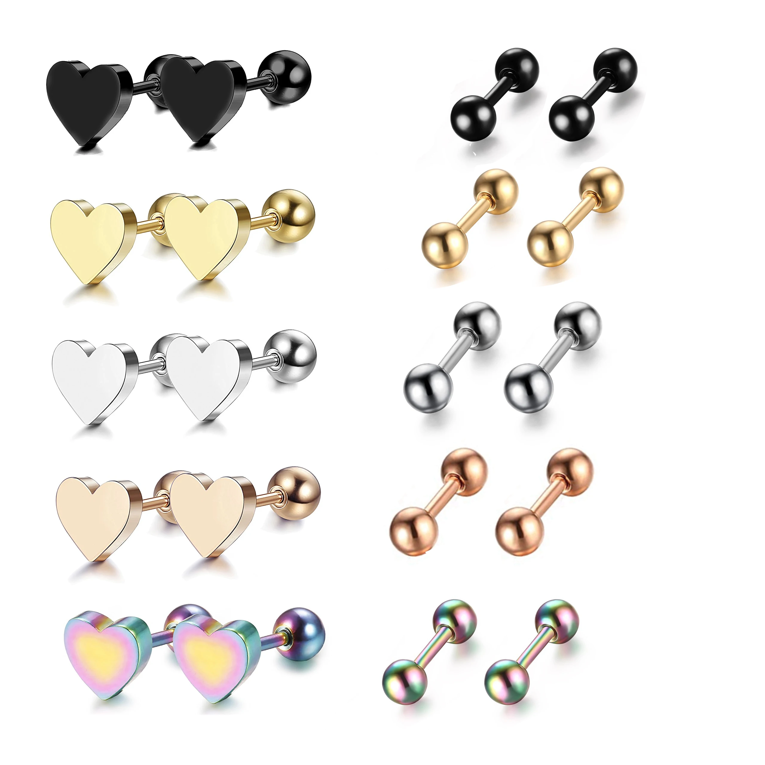 

10Pairs Stainless Steel Ball Heart Stud Earrings Barbell Piercing Studs for Women Men Screw Back Piercing Studs Earrings Set 16G
