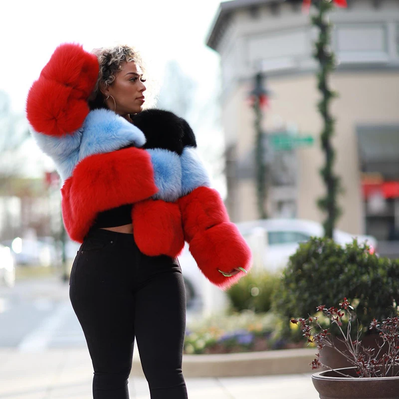 Contrast Color Natural Fox Fur Jacket Women Streetwear Winter New Thicken Warm Tide Outertwear Lady Genuine Fox Fur Coat Female