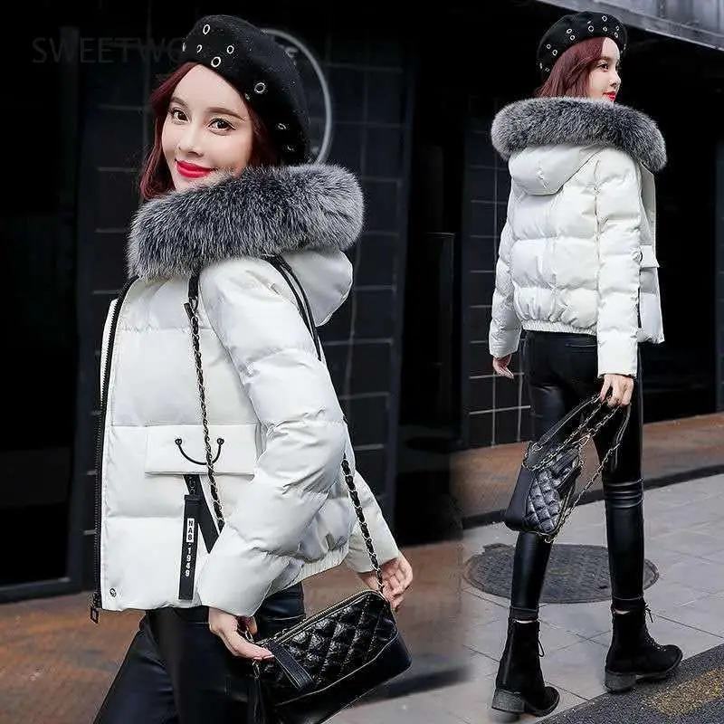 2020 New Winter Jacket Women Parka Coat Fur Collar Hooded Jackets Cotton Padded Parkas Thick Short Coat Female Outwear Tide Slim