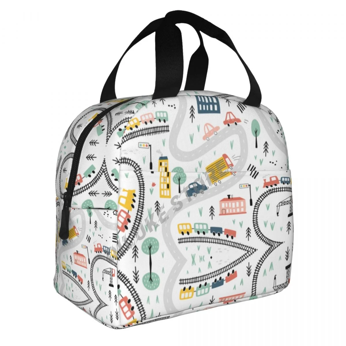 

Hand-painted Cars, Trains And Roads insulated Lunch Bags Print Food Case Cooler Warm Bento Box for Kids Lunch Box for School