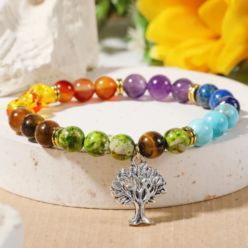 

Colorful Natural Stone Bracelet for Women Bohemian Amethysts Crystal Tree of Life Creative Bracelet Charm Jewelry