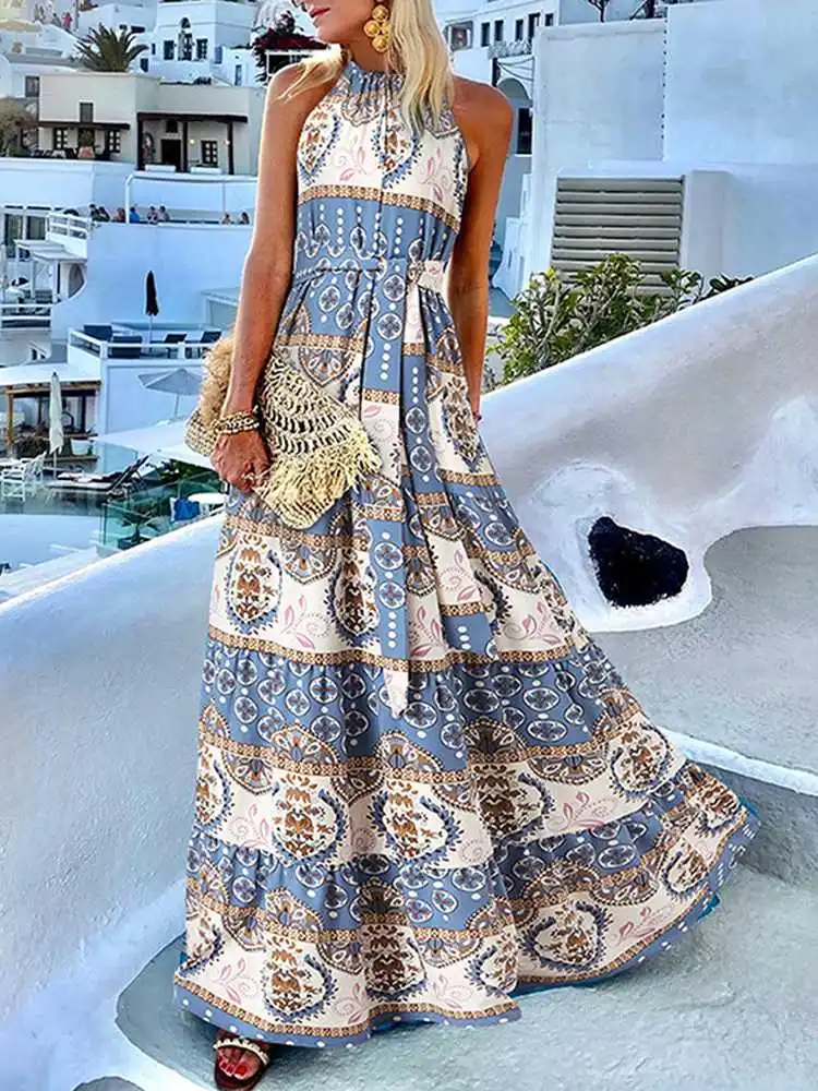 

Платье ZANZEA женское праздничное без рукавов, модное повседневное Макси-Платье оверсайз с богемным принтом вечерние с лямкой на шее, лето 2022