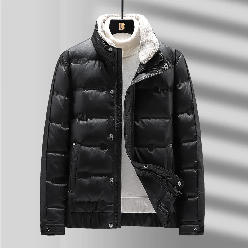 2023 Brand New Winter Mens Down Jackets Fashion Fur Collar Warm Padded Coat Classic Solid Color Business Casual Down Jacket Men