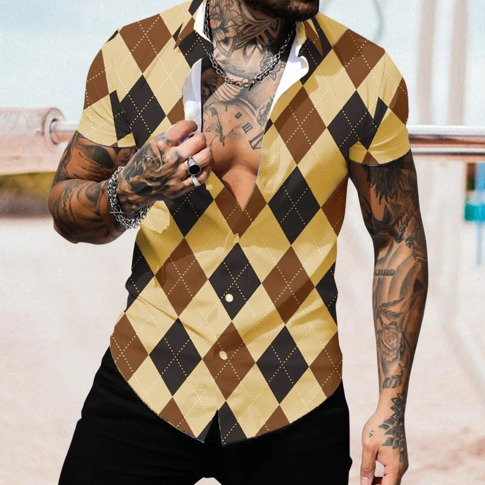 

Male Summer Casual Lozenge Print Shirt Short Sleeve Turn Down Collar Shirt Men