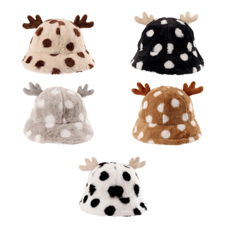 

2023 New Polka Dot Fisherman Cap Spotted Antlers Basin Cap Plush Fluffy Bucket Hat Casual Daily Wear Winter for Teenager Adult