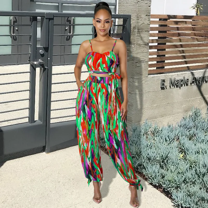 

Уличная одежда WUHE Tie Dye, модель 2022 года, летний кроп-топ на бретелях-спагетти и свободные брюки, пляжный спортивный костюм