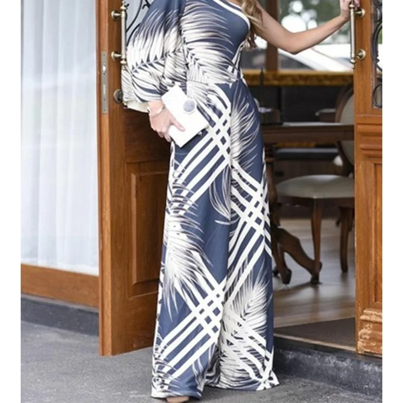 

Mandylandy Fashion Female Y2K One Shoulder Long Sleeve High Waist Romper Wide Leg Trouser Women Elegant Summer Print Jumpsuit