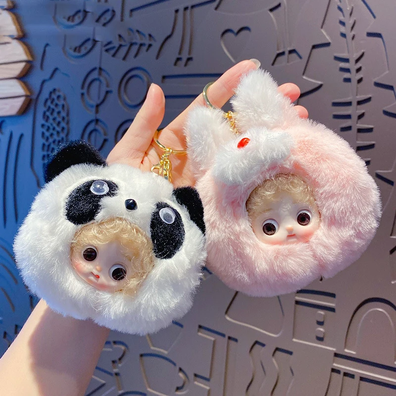 Cartoon Original Plush Animal Khaki Dog Princess Doll Key Chain Cartoon Toy Pink Rabbit Baby Girl Face Keychain Female Bag Charm