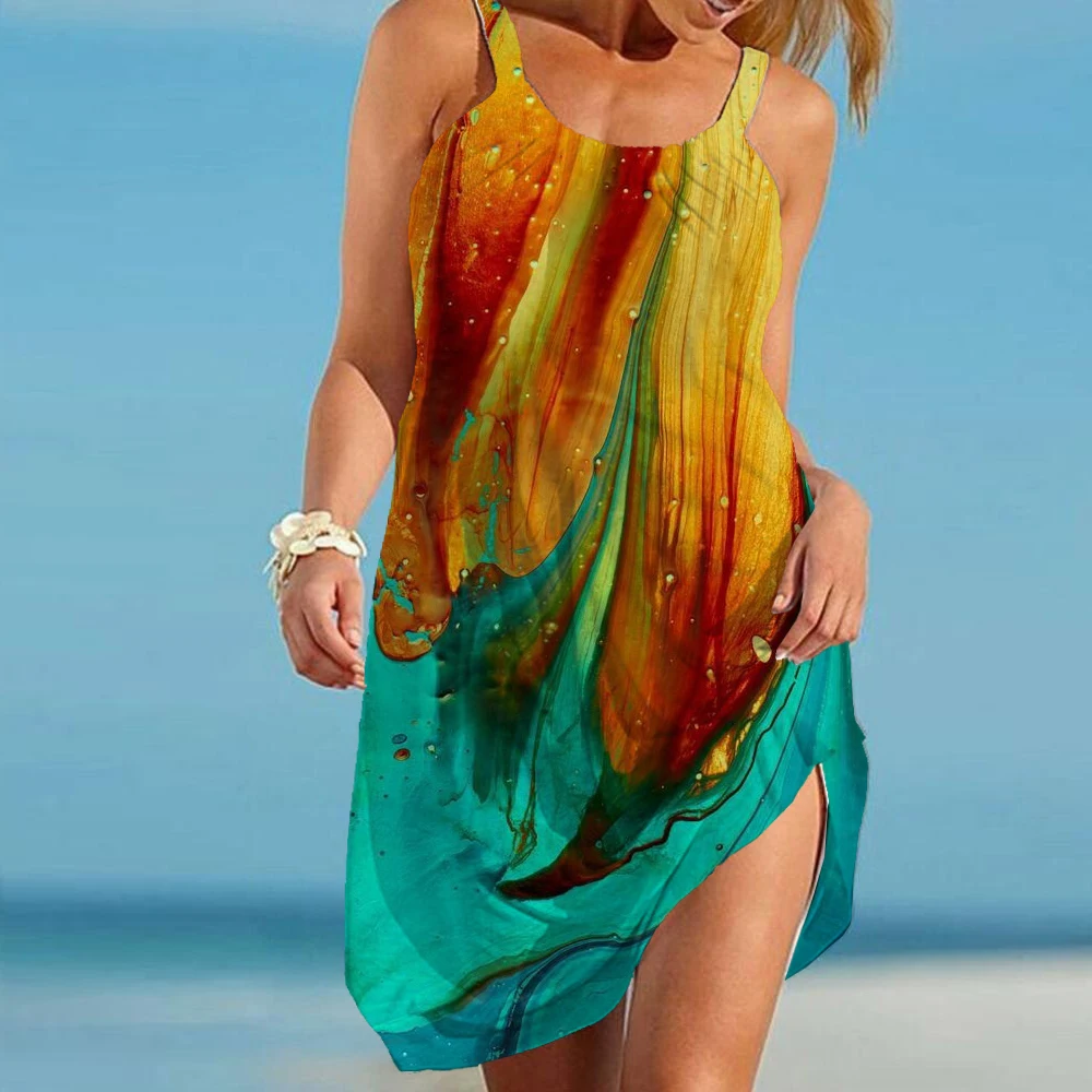 

Summer Boho Sexy Sling Beach Dress Color Print Women Sleeveless Dresses Hawaii Casual Vintage Beachwear Girl Loose Night Dress