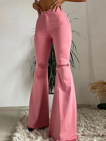 2023 Spring and Summer Women's Jeans, Butt-lifting, Ripped, Raw Edge Flared Pants, Colorful High-stretch Women's Denim Trousers