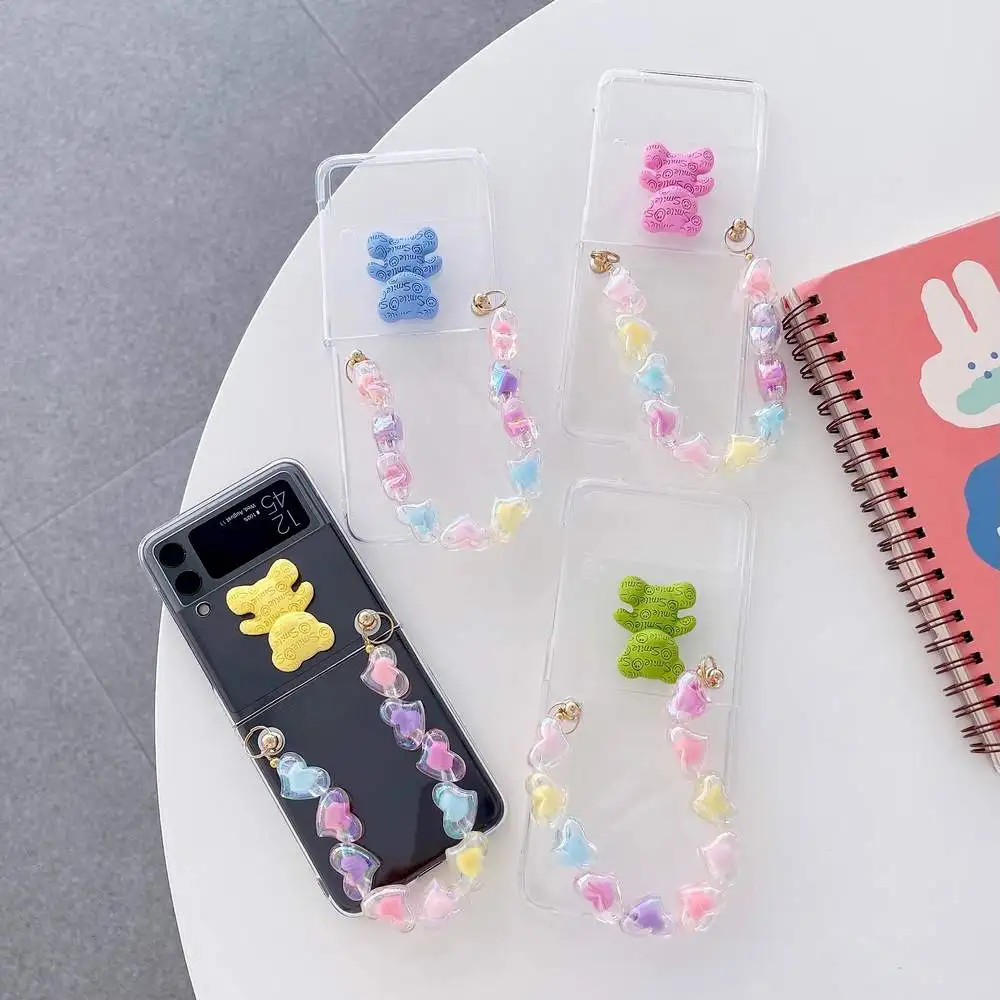 

Phone Case Transparent Clear Acrylic Cartoon Bear Candy Color Plastic Slim Back Heart Chain Cover For Samsung Galaxy Z Flip3