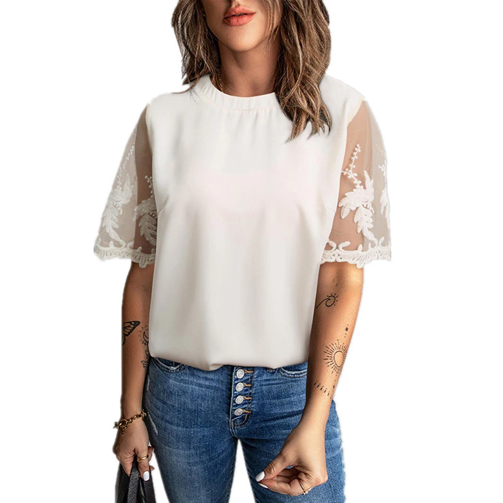 

See Through Lace Sleeve Women T-shirt Crew Neck Tops