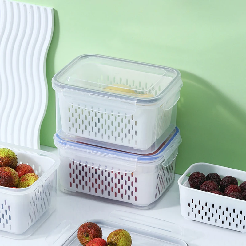 Ящик для хранения фруктов и овощей прозрачный двухслойный сливной корзины