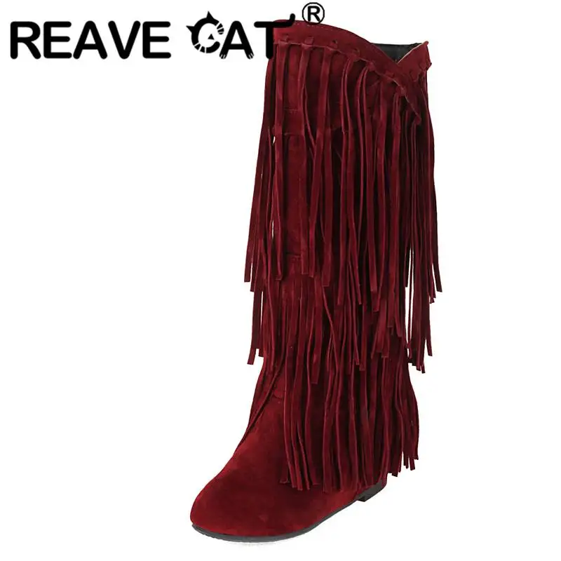 

REAVE CAT Women Boots 24cm Round Toe Increased Heel 3cm Slip-on Flock Leather Tassels Big Size 34-43 Fashion Dating Shoes S4217