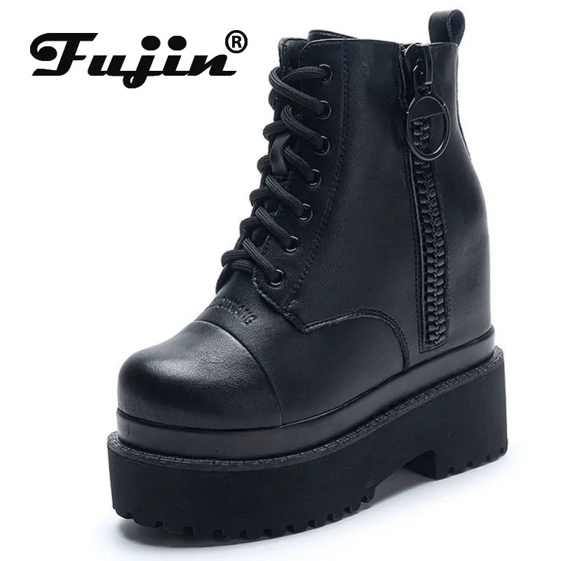 

Fujin 11cm Genuine Leather British Style Platform Ankle Boots Motorcycle Punk Spring Autumn Winter Women Lace Up Plush ZIP Shoes