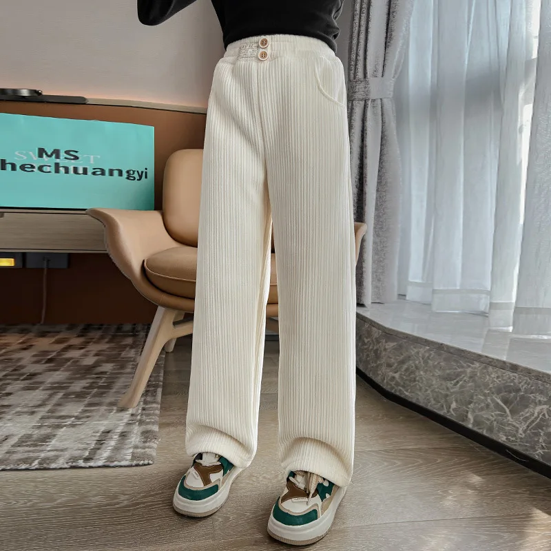 

Прямые широкие брюки из синели для девочек, однослойные детские спортивные брюки с флисовой подкладкой для детей среднего и старшего возра...