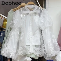 korean fashion sweet bow mesh bubble lantern sleeve lace shirt top camisole 2 piece set blouse 2022 spring autumn new tops mujer