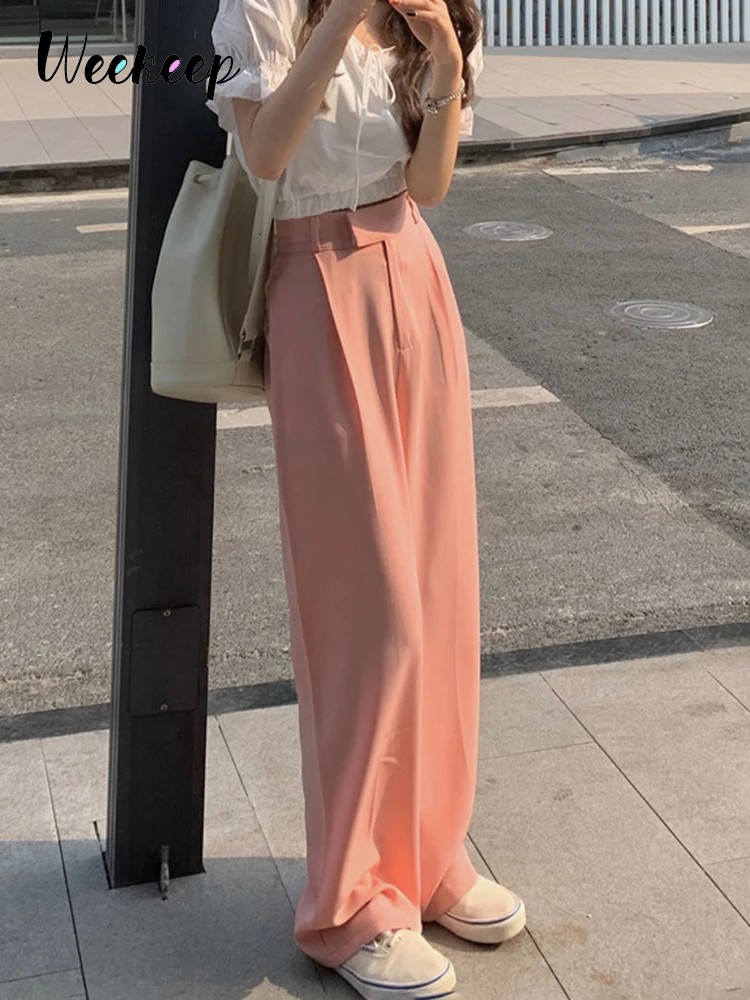 

Weekeep Pink Suit Pants High Waist Baggy Straight Casual Pants y2k Harajuku Korean Fashion Women Trouser Summer Capris Fairycore