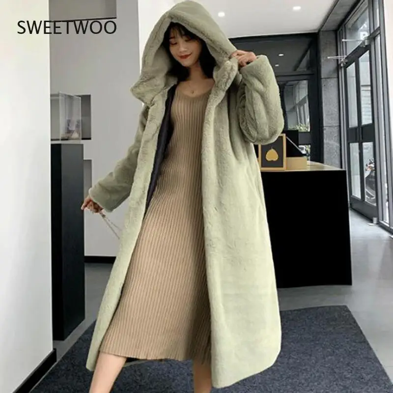 Winter Coat Women Faux Rabbit Hair Fur Coat Korean Hooded Imitation Mink Hair Long Jacket Loose Thick Warm Faux Fur Jacket Tide