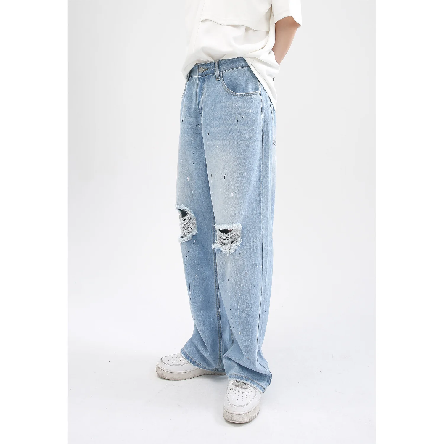 Four Seasons Men Korean Version Splashed Ink Straight Hole Casual Loose Men's Jeans Hip Hop Streetwear Jeans Denim Men Clothing