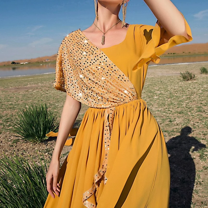 

Morocco Kaftan Sequin Yellow Muslim Fashion Hijab Dress Abayas for Women Dubai Saudi Arabia Evening Party Dresses Islam Caftan