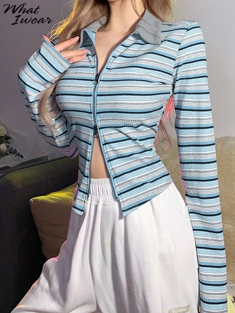 

Whatiwear Y2K Classy Top For Girls Unique Two-Way Zipper Design Slim Casual Jurk Hipster Multi-Color Striped Female Kpop Clothes