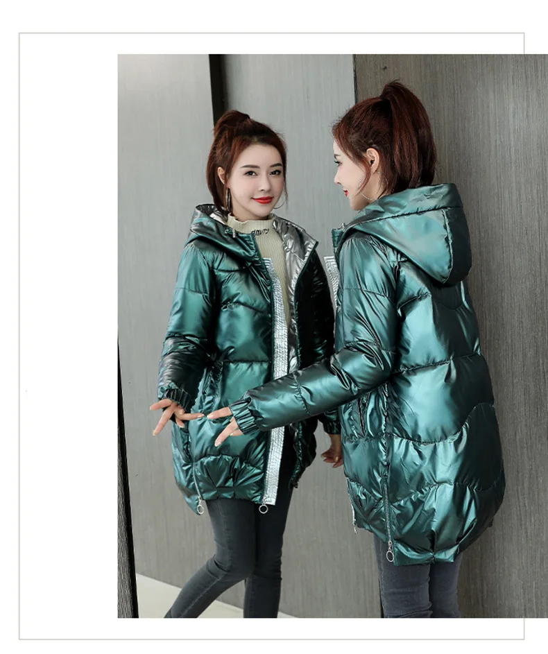 New Shiny Skin Winter Jacket Parkas Women Coat Fur Collar Hooded Overcoat Female Jacket Parka Thick Warm Cotton Padded Outwear