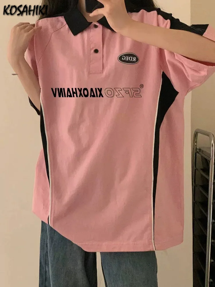 

2023 Summer Contrast Color Patchwork Women T-shirts Turn Down Collar Loose Letter Print Cargo Tops All Match Fashion Casual Tees
