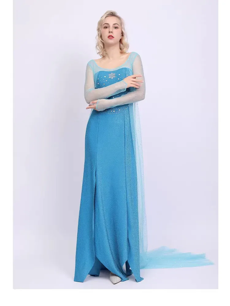

2023 Frozen Elza Princess Long Sleeve Dress With Cape Halloween Snow Queen Cosplay Costume Purim Carnival Fancy Clothes