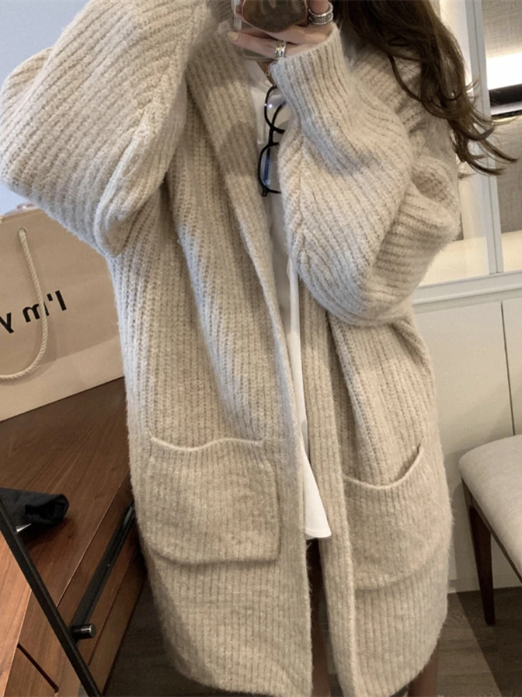 

Женский кардиган с капюшоном, теплый длинный вязаный кардиган с карманами, повседневная одежда для отдыха, Осень-зима