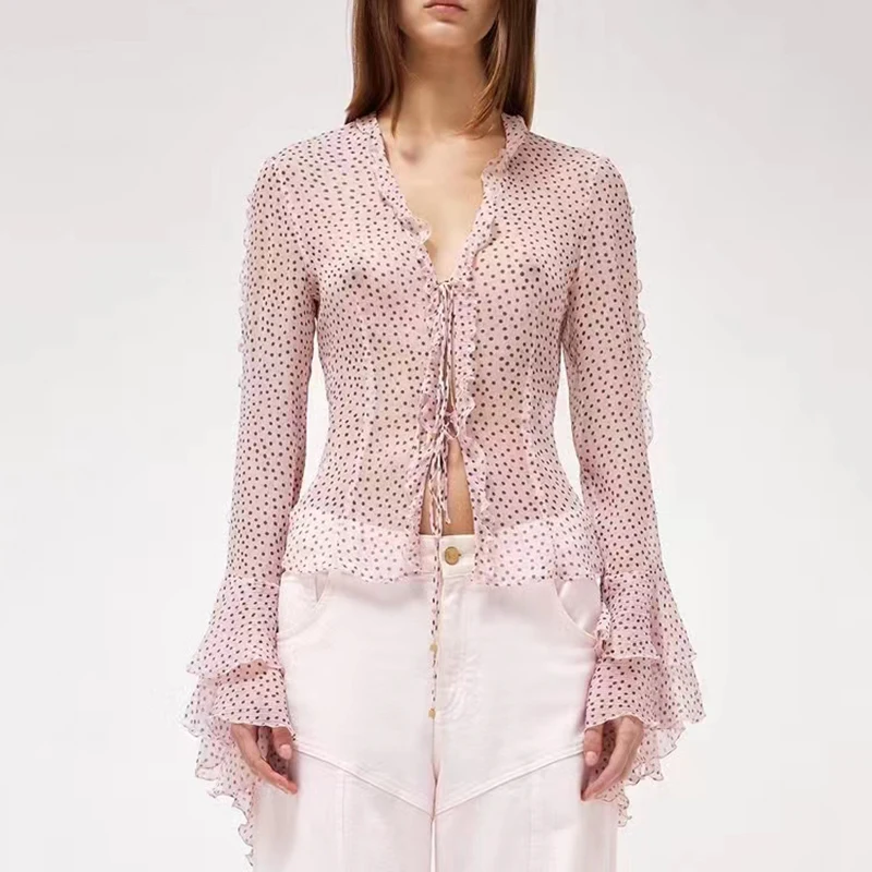 

Женский тюлевый Топ в горошек с оборками Новинка весна-лето 2023 шелковая рубашка с принтом Y2K Пляжная накидка для бикини для отпуска