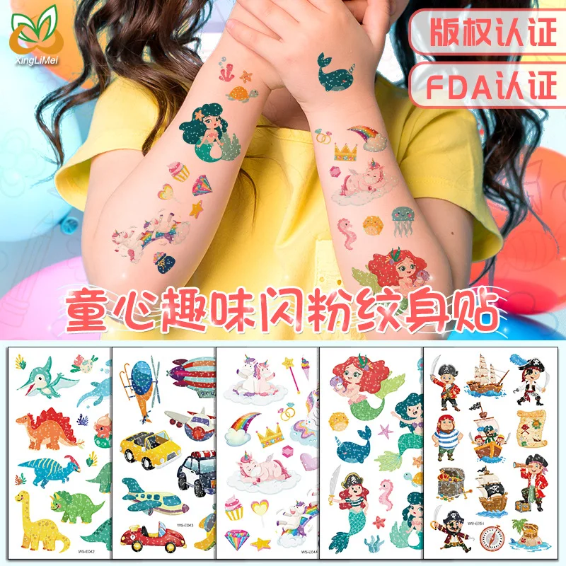

2Pcs Glitter Powder Tattoos Children Cartoon Cars Dinosaurs Unicorns Mermaid Animal Robot Temporary Body Stickers Disposable