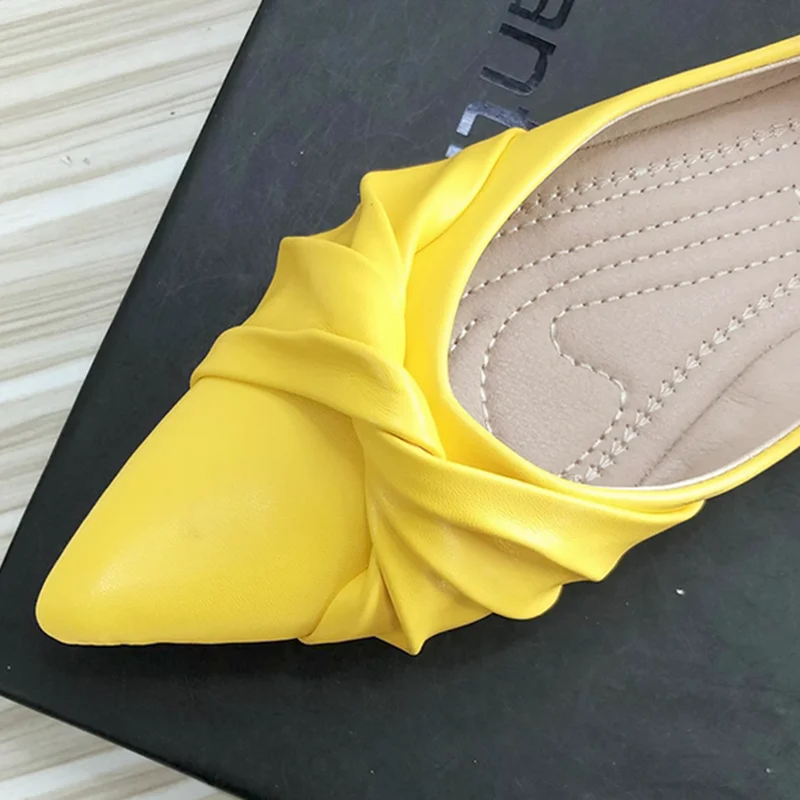 Feminino Pleated Balerinas Cinderella Novelty Flats Pointy Toe Dough Shoes Soft Leather Green Yellow Wide And Narrow Feet 32-48