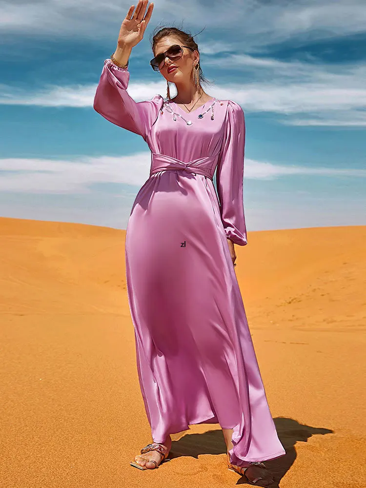 

Satin Abaya Arab Long Dress Women Rhinestones Belted Ramadan Muslim Party Dresses Islam Dubai Turkish Modest Abayas Evening Gown