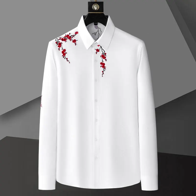 

Flower Embroidery Shirt Mens Casual Shirts Streetwear Italy Social Smoking Men's Clothing Slim Shirt 2023 Herfst Long Mouwen