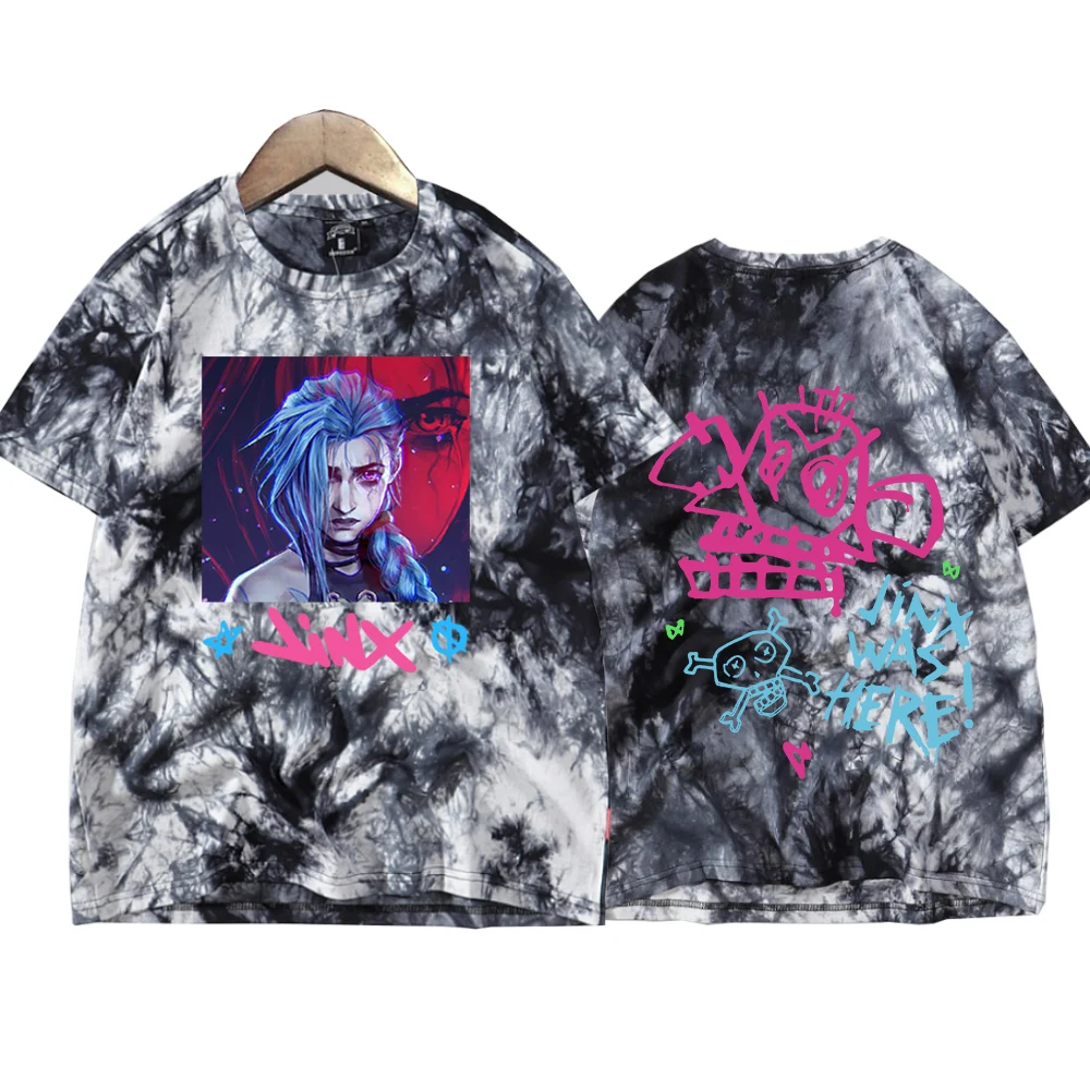 Jinx-Arcane Аниме Tie Dye Рубашки Унисекс Футболка с круглым вырезом и короткими рукавами