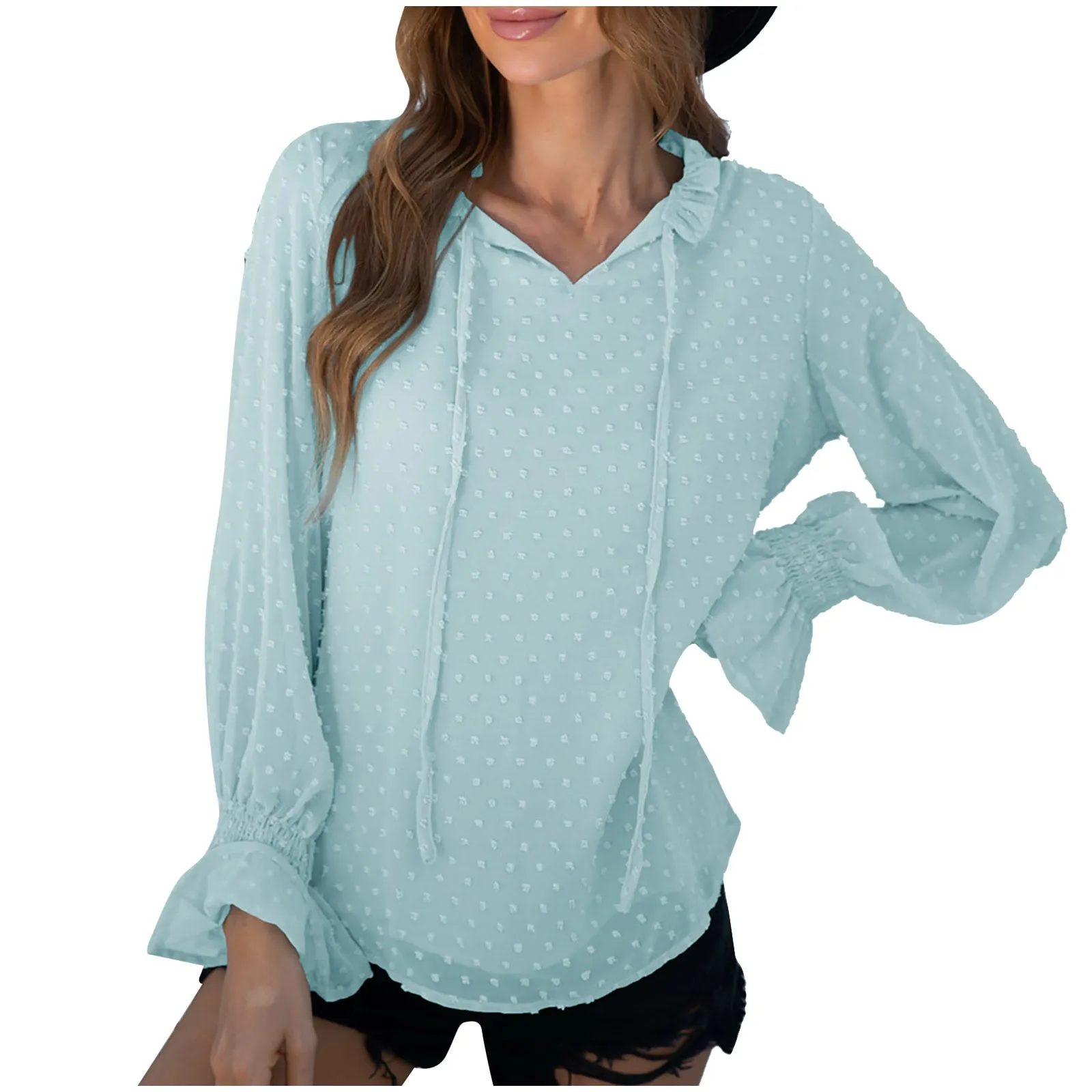 

Блузка женская шифоновая в горошек, Однотонная рубашка с завязками, с расклешенными рукавами, одежда для женщин, уличная одежда