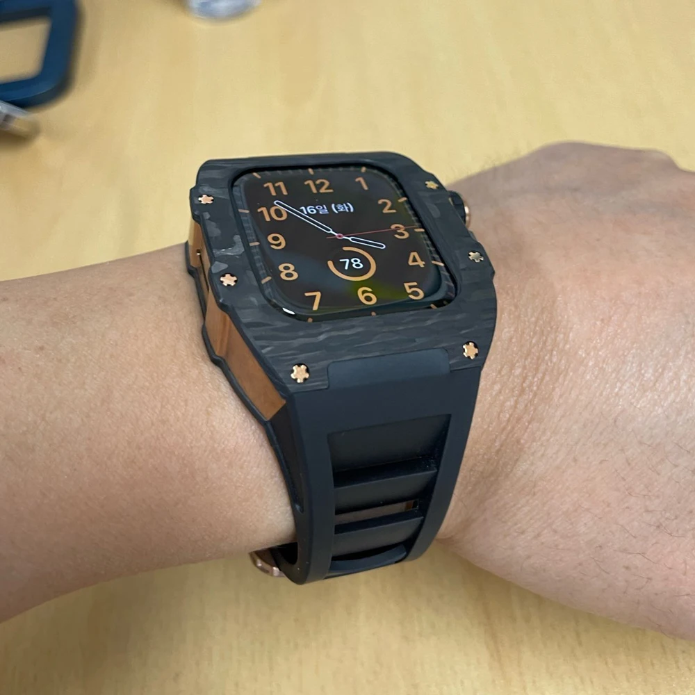 Luxury Carbon Fiber Modification Kit For Apple Watch 8 7 45mm Fluorine Rubber Strap Titanium Alloy Case for iWatch 6 5 4 SE 44mm